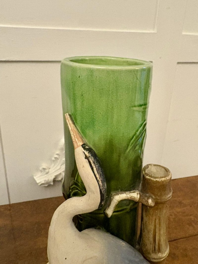 Antique Pair of Victorian Bretby Art Pottery Bamboo and Stork Vases - Image 8